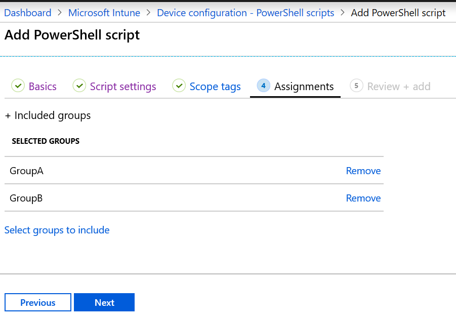 Assigning the PowerShell script to groups or all users/devices